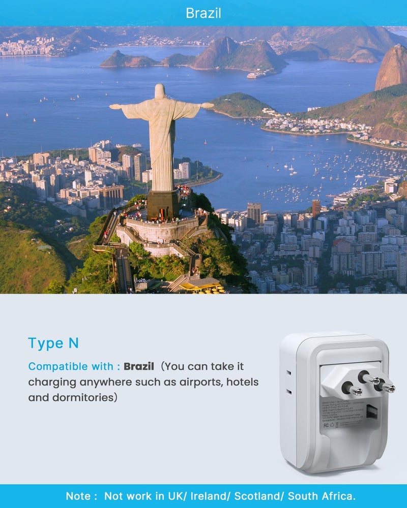 VINTAR 1 Pack Brazil Power Adapter, Foldable US to Brazil Travel Adaptor with 4 American Outlets 3 USB Ports(2 USB C), 7 in 1 Type N Plug Adapter for USA to Brazilian Brazil - Image 3